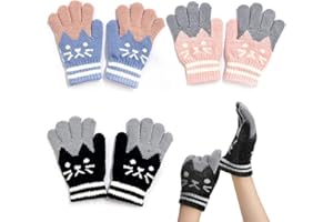 PFLYPF 3 paar süße Katzenhandschuhe mit Plüschfutter, Winterstrickhandschuhe, Skihandschuhe, warme Handschuhe, Cartoon-Handschuhe, für Kinder geeignet (hellblau, pink, schwarz)