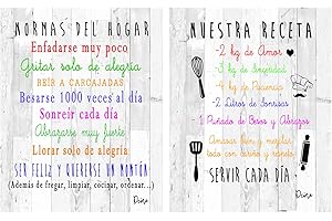 Dcine Set 2 Cuadros Frases Decorativos/Madera/Normas del hogar/Nuestra Receta/Regalo 19 cm x 25 cm x 4 mm Cada Cuadro