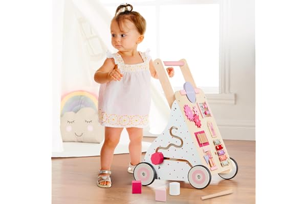 Haus Projekt Chariot Marche Bois Rose, Trotteur Bebe Bois pour Enfant Activité, Jouet pour Bébé 1 an, Chariot de Marche Bebe pour Premier Cadeau Anniversaire pour Garçon ou Fille, Baby Walker