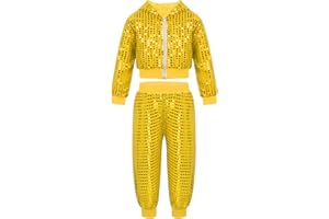 Fldy Kids Boys Girls Shiny Sequins Dance Clothing Set Jazz Hip-hop Street Dance Costumes Hooded Jacket and Pants Set