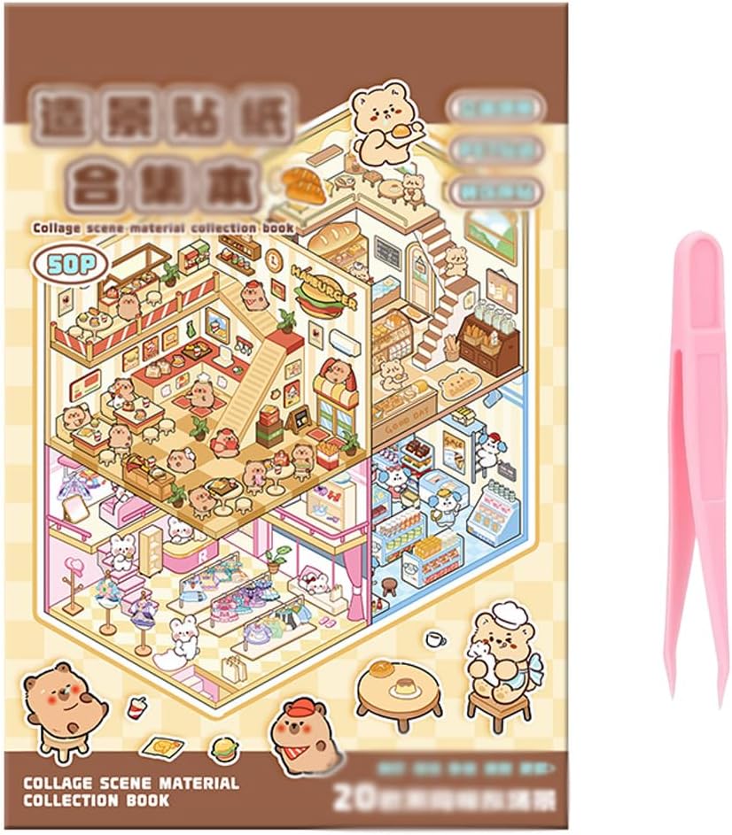 AEUXZA Libro de Pegatinas 3D Casa en Miniatura, Set de 50 Páginas con Escenas de Habitaciones (20 Escenas + 30 Hojas) y 2 Pinzas, Accesorios DIY Scrapbooking para Niños y Adultos