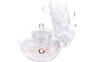 OS OAK & STEEL ENGLAND Oak & Steel - Premium Elegant Glass Gin Teapot with Removable Loose Leaf Infuser 800ml - 4 Tea Cups Gift Party Set