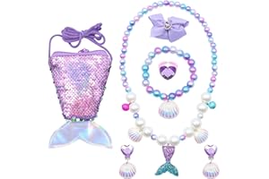 Scettar 7 Pcs Meerjungfrau Kinder Schmuckset Mädchen，Schmuckkästchen Klein，Meerjungfrauenflosse Mädchen Tasche，Halsketten，Ohrringe，Armbänder，Ringe，Geschenke für Mädchen ab 3 Jahren