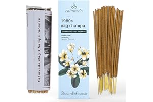 CALMVEDA 1980s Nag Champa Incense Sticks - Earthy, Floral scent blended with White Musk Incense (80 Sticks) | Charcoal Free, Made with Upcycled Flowers | Stick Incense for Calming (Inciensos Aromaticos)