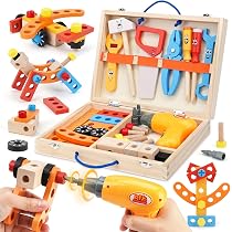 XUNIVERS Boîte à Outils Bois 34 Pièces - DIY Jouet Éducatif - Marteau, Clé, Scie - Cadeau Garçon Fille 3-7 Ans