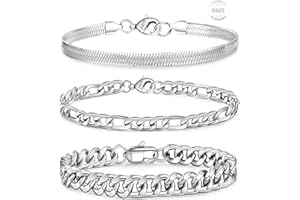 Rajputana 3-teiliges Kettenarmband für Männer und Frauen, S925 Sterling Silber kubanische，Fischgräten，Figaro，Gliederkette, Armband-Set, Schmuckgeschenke, 16.5/17.5/19 /21/23 CM