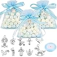 50 Pcs Baby Shower Boys Guests Gifts Baby Shower Charms Blue Organza Bags Blue Ribbon Roll Baby Shower Favours Ideas Presents Christening Party Supplies Set