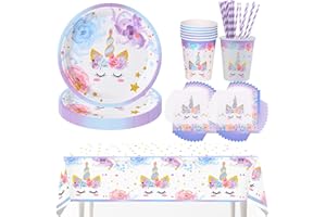LOEPENLE Einhorn Partygeschirr Set,Einhorn Teller Becher,Einhorn Partygeschirr Geburtstagsdeko Set,Partygeschirr Einhorn Set,Einhorn Geburtstag Party Geschirr,Pappbecher,Servietten für 10 Gäste