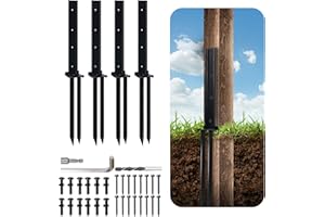 Gemsaya 4 Pack Fence Post Repair Kit, Heavy Duty Steel Fence Post Repair Stakes, Fixer Anchor Ground Spike with Nails, Drill, Socket, Black Fence Post Support Stake for Tilted/Broken Wood Fence Post
