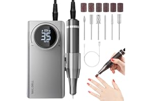 Electric Nail Drill, AISEELY Professional Electric Nail Files 35000RPM Portable Rechargeable Powerful Nail Machine Manicure Drill Set with 6 Sanding Bits for Salon & Home, Grey