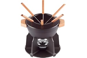 Le Creuset Enamelled Cast Iron Fondue Set, Include 2 Wooden Handles, Splash Guard, Rechaud and 6 Fondue Forks, 2 Litre Capacity, Black, 60612000000460