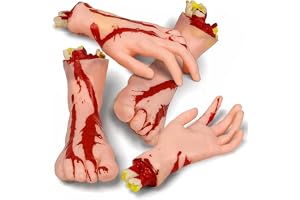 Piashow Halloween separata händer fötter set, 4 stycken halloween dekoration (2 fötter och 2 händer), skrämmande prank blodiga kroppsdelar skräck rekvisita dekorationer (hudfärg)