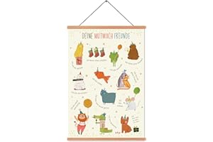 ZDFDC Kids Selbstvertrauen Poster Kinderzimmer-Deutsch Affirmationsposter Kinder-niedliche Tierfreunde mit Positiven Affirmationen-Leinwand in A2-Größe mit Teak-Holz Posterleiste und Magnetbefestigung