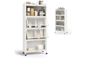KOMFOTTEU Estantería de Cocina de 5 Niveles, Armario con 4 Ruedas y Puertas Transparentes, Mueble de Almacenamiento de Metal con Dispositivo Antivuelco para Comedor, 60 x 32 x 154 cm (Blanco)