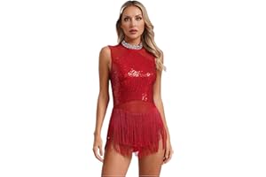 Jugaoge Women Sequins Tassel Latin Dance Dress Leotard Tango Performance Costume Ballroom Dancewear