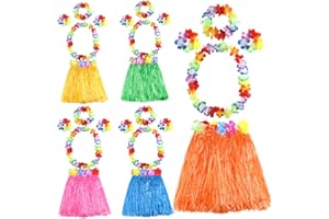 FEPITO Ensemble de jupes hawaïennes comprenant un collier à fleurs, un serre-tête, des bracelets, des jupes Luau pour enfants, costume hawaïen, fournitures de fête d'anniversaire Luau tropicale