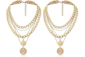 FUIPVGI 2Pcs Gold Necklaces for Women, Layered Necklaces Stack Punk Chunky Chain Necklace Chunky Necklace Round Hip Hop Pendant Boho Layered Circle Choker Necklace for Women Girls