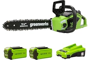 Greenworks Cordless Chainsaw with Brushless Motor, 14 Inch (35cm) Bar Length, 12m/s Chain Speed, 3.5kg, Auto-Oiler, Kickback Protection, Two of 40V 2Ah Batteries & Charger-GD40CS15K2X