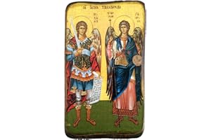 ICONSGR Icono de madera griego, cristiano ortodoxo, de los arcángeles Miguel y Gabriel.