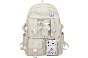 EVEOUT Söt Kawaii nylon skolryggsäck med vackra hängen och pins för flickor, stor kapacitet studentryggsäck, lätt fritidsryggsäck för skola och utomhusutflykter, Vit, M, Ryggsäck