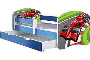 ACMA Kinderbett Jugendbett mit Einer Schublade und Matratze Blau mit Rausfallschutz Lattenrost II 140x70 160x80 180x80 (06 Formel 1, 140x70 + Bettkasten)