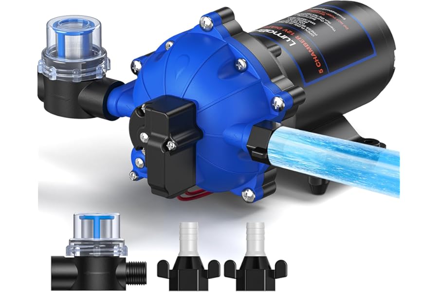 LumaBrite 12V DC Water Pump, 7.0GPM 70PSI RV Fresh Caravan Water Pump Five Chamber Self-Priming Diaphragm Pump with Heavy Duty Pressure Switch and Strainer for RV, Marine, Yacht, Caravan