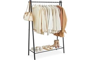 SONGMICS Kleiderständer, Garderobe, Garderobenständer, Kleiderablage, Stahlrahmen, mit Stange und Regal, 33,5 x 92,5 x 153 cm, für Schlafzimmer, Garderobe, Waschküche, Mattschwarz HSR23BK