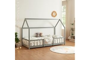 [en.casa] Children's bed Sisimiut House bed 90 x 200 cm with fall-out protection Slatted frame Pine Light grey/White