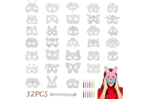 DJLLA Maschere Animali Bambini, 32 Pezzi Maschere Bambini da Colorare, Maschere per Festa Compleanno, Fai da Te Maschera di Carta Animali per Bambini Compleanno, Cosplay, Carnevale, Halloween, Natale