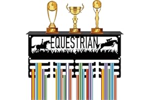 CREATCABIN Espositore Medaglie Equestri Espositore Trofei 12 Gancio Porta Medaglie in Metallo Cavallo Equitazione Montaggio A Parete Contiene 60+ medaglie Sportive Organizer Ripiano Premi 40x20x10cm