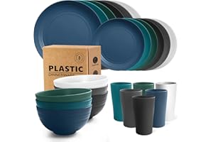 Teivio 24-Piece Kitchen Plastic Dinner Set, Service for 6, Dinner Plates, Dessert Plates, Cereal Bowls, Cups, Unbreakable Plastic Plates and Bowls Set, Outdoor Camping Dishes, Coastal Multicolor