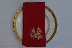 Quayside Home Christmas Napkins,100% Cotton red with gold embroidered Christmas trees Pack of 4