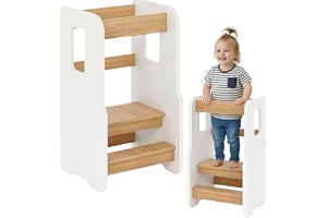 ComfortCove Montessori Lärtorn, Montessori Stol, Vit/Ek | Lärningstorn, Köksstegspall för Barn, Lärtorn, Träfotsteg, Justerba