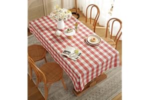 IBEQUEM Bawełna i len, geometryczny, czerwony i biały obrus w kratkę, okrągły obrus na Boże Narodzenie, obrus na Boże Narodzenie, odporny na działanie wody, w kratkę (140 x 200 cm)