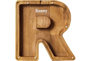 OMPVOR Personalized Letters Wooden Piggy Bank for Boys and Girls, A-Z Letters Coin Bank Money Box with Alphabet Stickers, Money Saving Bank For Family Christmas Birthday Gift Home DIY Decoration