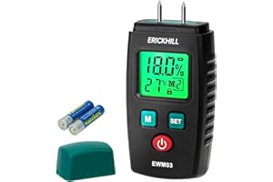ERICKHILL Misuratore di Umidità, EWM03 Rilevatore di Igrometro a Pin con 5 Modalità, Display LCD con Retroilluminazione Verde, Rilevatori di Umidità per Legno e Materiali da Costruzione.