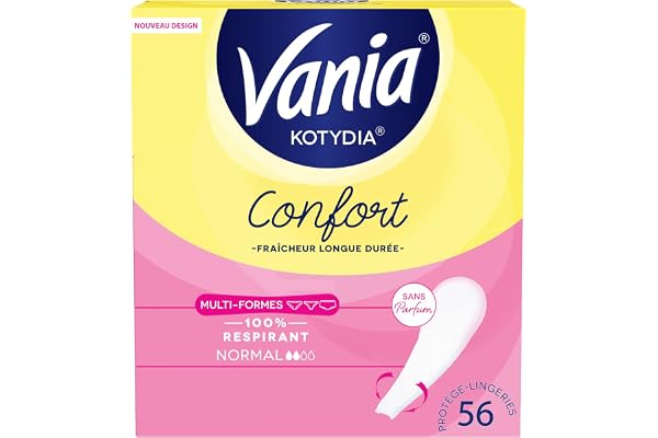Vania - Protège-Slips Confort Normal Multi-Formes Sans Parfum (boîte de 56 pièces) – Protège-lingeries 100% respirants – Protection hygiénique avec sensation d'effet au sec, de confort et de fraîcheur