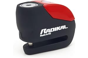 RADIKAL RK9 Blocca Disco Per Moto con Allarme Premium 120dB On/Off Warning LED Più Visibile, Baterria Lunga Durata, Antifurto Scooter, Lucchetto Moto Bloccadisco 6mm Universale, 100% Metallo, Rosso