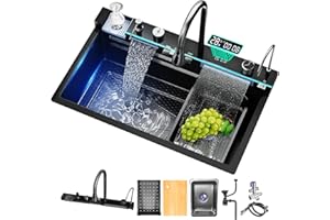 NOYHHAV Fregadero de cocina Multifuncional, fregadero digital en cascada con lava tazas, dispensador de jabón, flujo de agua en cascada, drenaje en encimera. (Negro, 80x46x21CM)