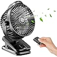 TRILINK 8000mAh Rechargeable USB Desk Fan Clip on Remote Control & LED Display, 5 Speeds 360° Rotation, Portable Small Battery Fan, Ultra-quiet Mini Electric Home Office Camping Pram Cooling, Black