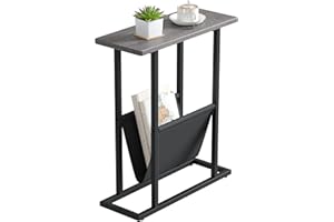 Yusong Small Narrow Side Table for Small Spaces, Slim End Table Magazine Table Nightstand with Storage Holder, Accent Skinny Snack Couch Bedside Table, Gray