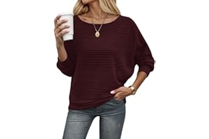 WNEEDU Pullover Damen Herbst Dünne Fledermausärmel Strickpullover Langarm Geripptes Pulli Sweater Sweatshirt Langarmshirt Elegant