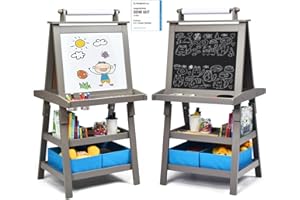 COSTWAY 3 en 1 Tableau Enfants Double Face avec Rouleau de Papier, Chevalet Enfants avec 2 Etagères et 2 Boîtes de Rangement, Structure Triangulaire, Jouet de Dessin pour Enfants de 3 Ans+