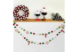 DANDUOLAI Christmas Felt Ball Garland - Peppermints Candy Cane Pom Garland, Hand-Made from Natural Wool - Hanging Decor for Christmas Tree, Kids Bedroom, Nursery Decoration- 6.6 Feet Long(Christmas 2)