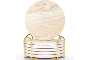 GOH DODD Coasters for Drinks Set of 6, Absorbent Marble Style Ceramic Coaster Tabletop Protection Home Decor with Metal Holder for Coffee Table Housewarming Gifts Wedding Party, Beige, Round, 4 Inch