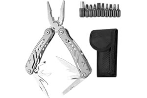 BSSMMAI Outil multifonction 25 en 1 pliable en acier inoxydable - Outil multifonction - Accessoire de camping parfait - Décapsuleur et mousqueton - Avec 11 embouts de tournevis et sac à clip de sangle