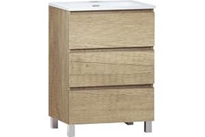 Baikal Mueble de Baño TRIX, Distribución de 3 cajones, con Patas y con Lavabo cerámico. Melamina 16mm. Distintas Medidas y Acabados Disponibles. Mueble MONTADO