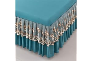Odot Solide Farbe Bettrock Rüschen, Spitze Edge Design Spannbettlaken mit Volant Elastische Bettvolants Matratzenschoner Spannbetttücher Spannbetttuch für Boxspringbetten (200x220cm,Pfauenblau)