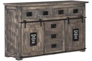 Massivmoebel24.de | Railway breite Kommode aus Massivholz #219 | aus Mangoholz - grau lackiert | 150x45x90 cm | 4 Fächer, 7 Schubladen - mit Schiebetüren | Sideboard Schrank