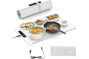 RELAX4LIFE Chauffe-Plat Électrique en Silicone Enroulable avec 6 Températures Réglables 50-100℃ et Minuteur 1-2-4H, Sangle Auto-Agrippante, Sac de Rangement pour Buffets Fête Voyage Réunions, Blanc